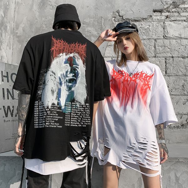 

men's t-shirts ebaihui men's t-shirt hem hole high street tide brand hip-hop loose knife cut damage head print five-point sleeve 4, White;black