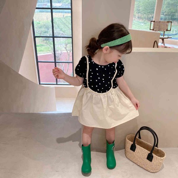 

summer cotton dot patchwork short sleeve dress for girls korean style fake two pieces casual dresses 210508, Red;yellow