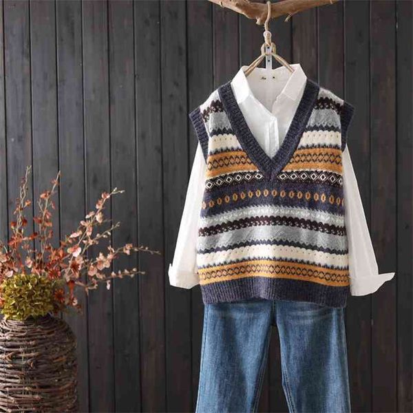 

women's embroidered knitted vest female v-neck jacquard art retro loose casual shirt autumn winter sleeveless pullover 210427, Black;white