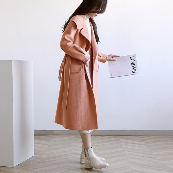 

women's wool & blends double sided cashmere coat high end 2021 foreign style fashion medium and long loose woolen autumn winter, Black