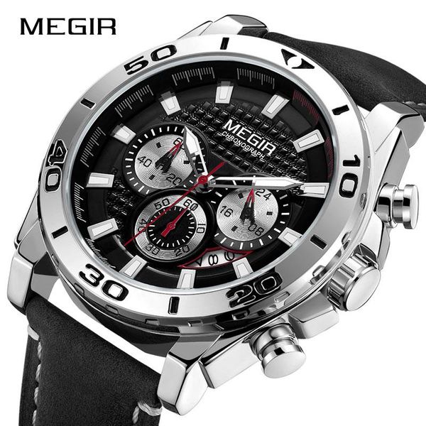 

wristwatches megir men's army sports chronograph quartz watches leather strap luminous waterproof wristwatch man relogios clock 2094 si, Slivery;brown