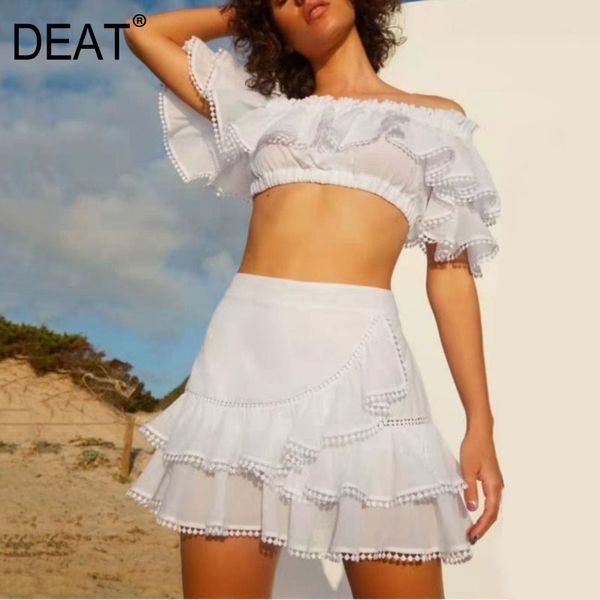 

[deat] half-body skirt two pieces suit new slash neck short sleeve slim fit women white ruffles fashion tide summer 7e7935 210428