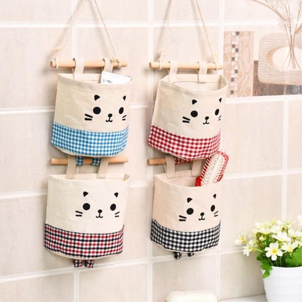 

storage bags cartoon style cotton and linen wall-mounted hanging pocket wardrobe back door cloth sundries bag
