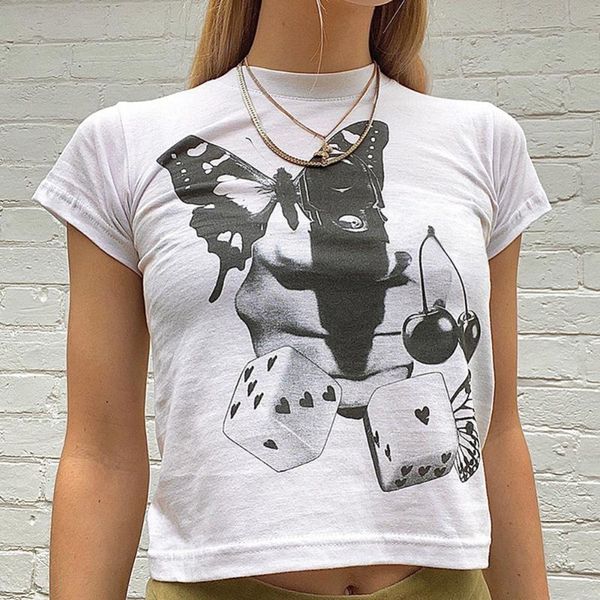 

women's t-shirt summer academic e girl womens gothic print short sleeve white slim ammonia clubwear cotton round neck
