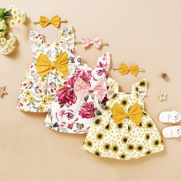 

girl's dresses baby dress toddler girls sleeve sunflower floral print princess dress+headbands vestido, Red;yellow