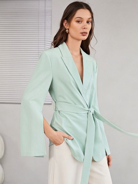 

solid split sleeve belted blazer r26j#, White;black