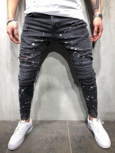 

men's jeans men fashion personality splashing ink ripped biker skinny streetwear hiphop knee holes motorcycle elastic slim denim pants, Blue