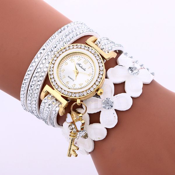 Armbanduhren mit Blumen-Kristall-Design, langkettige Armbanduhr, goldenes Schlüsselmuster, Damenkleid, Quarzuhren, Blosom, Vollband-Armbänder, Armbanduhr