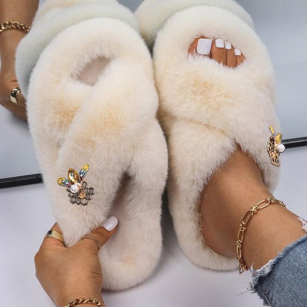 

slippers furry slides ladies honeycomb decor fluffy flip flops cute women platform sandals faux fur home winter shoes, Black