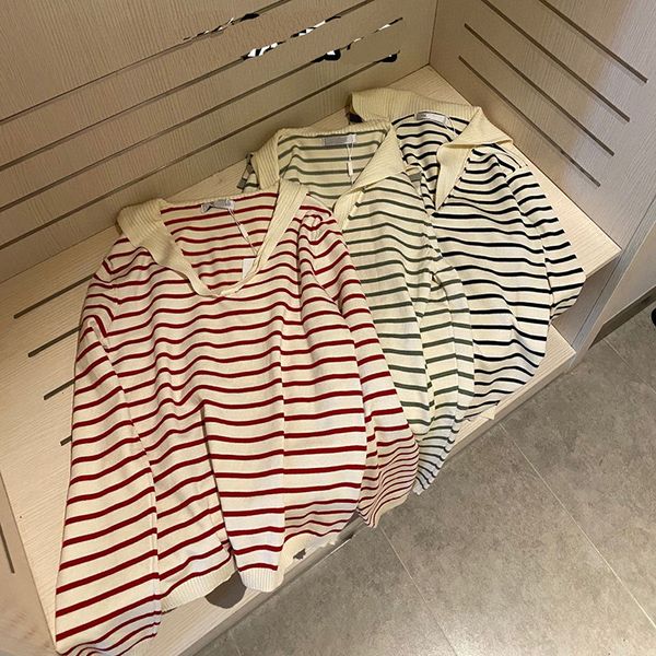 

d + 2021 early autumn new navy contrast stripe v-neck sweater women's sweet age reducing loose sweater, White