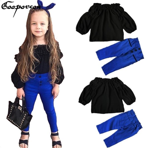 

gooporson girls clothes set kids autumn black chiffon shirt +blue pants set children clothing sets fashion baby girl sets 210715, White