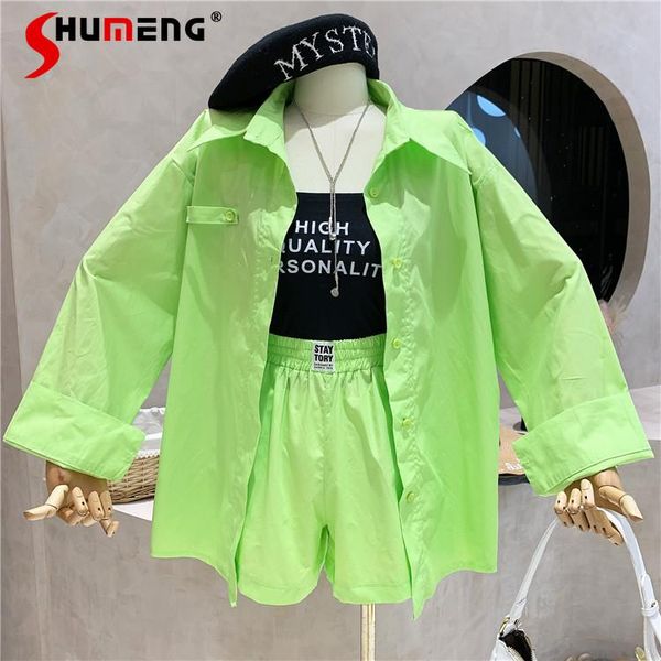 

women's tracksuits summer 2021 korean style candy color long sleeve thin type sunscreen shirt wide leg shorts two-piece casual women, Gray