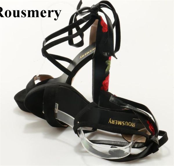 

fashion women open toe black suede leather high platform sandals super heel embroidery dress shoes
