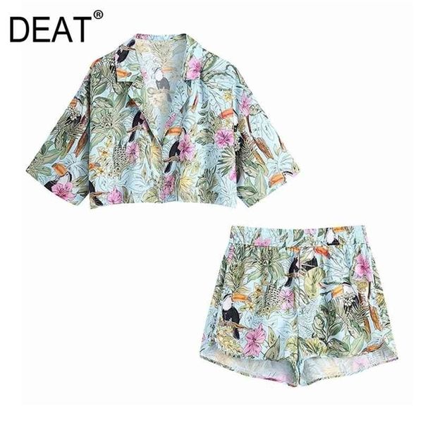 

[deat] summer fashion short sleeve single-breasted shirt high waist printing shorts women two-piece suit 13q239 210527, White