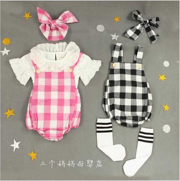 

classic infant baby girl plaid romper+headband 2pcs clothes set button checks overall children jumpsuit 210529, Blue