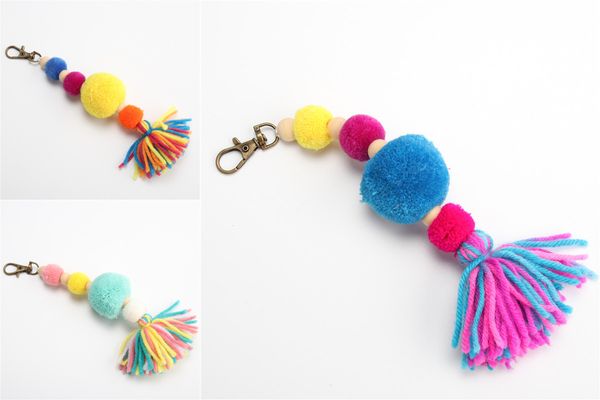 

1pc dropshipping big pompom with wooden beads bag hanging colorful tassel keychains foe women keyring jewelry, Silver