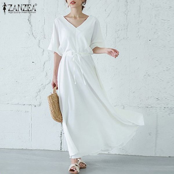 

dresses fashion drawstring maxi dress women solid sundress 2021 casual short sleeve vestidos female v neck robe femme plus size 7, Black;gray