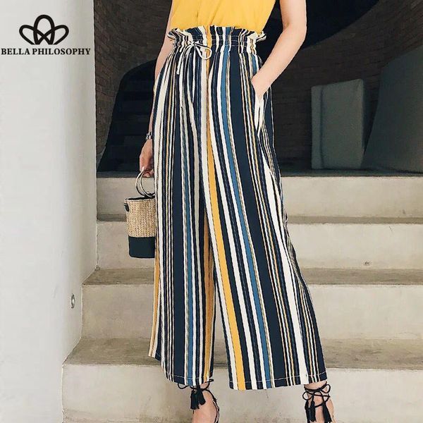 

women's pants & capris hstar 2021 summer wide leg women striped sashes female casual pant elastics waist drawstring ladies, Black;white