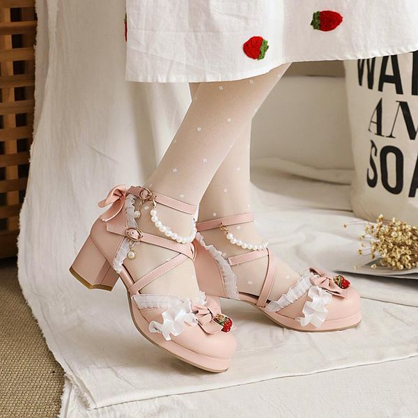 

white wedding high heels pink square heel lolita shoes female princess bow ankle buckle summer large size43 sandals, Black