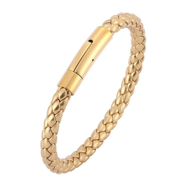 

new bracelet creative stainless steel safety clasp men's 6mm leather cord gold color braided leather couple bangle, Golden;silver