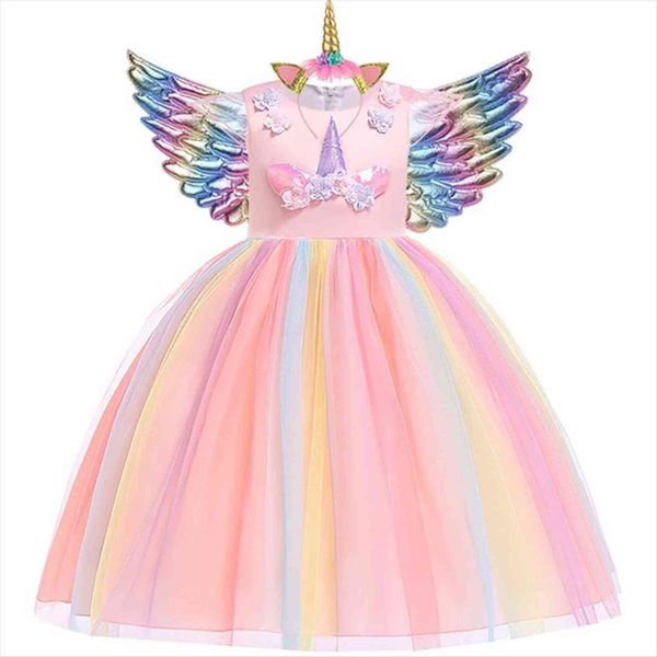 

girls unicorn tutu rainbow princess girl dresses kids party children christmas halloween cosplay costume with headband wings, Red;yellow