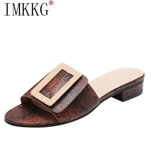 

slippers 2021 women buckles flat shoes ladies snake printed peep toe hoof heels elegant, Black