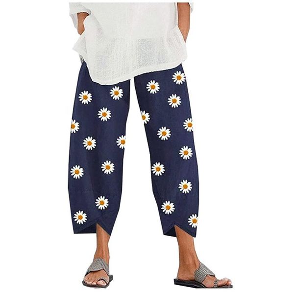 

women's pants & capris cotton linen cropped trousers for womens casual daisy print elastic waist harem comfy soft 2021 pantalon femme a, Black;white