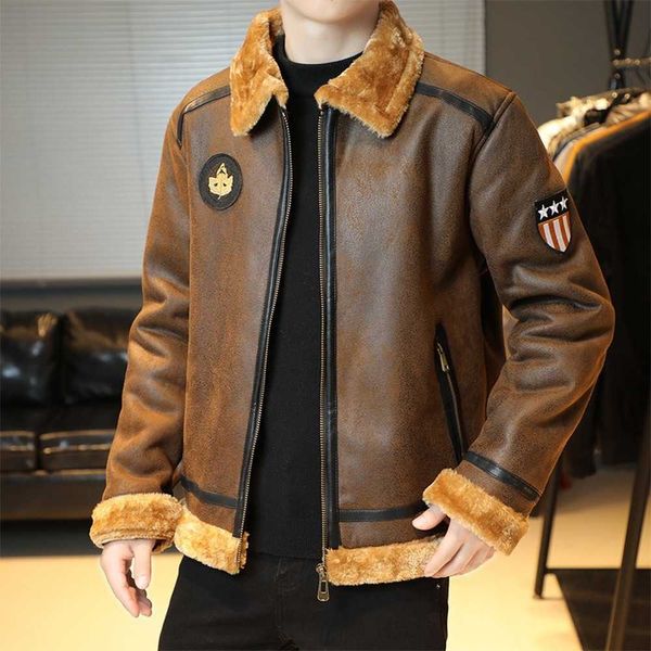 Корейская модная куртка мужчины уличная одежда винтажный стиль искусственная кожаная куртка отловка воротник осень зима густая тепловая куртка мех выстроилась 211009