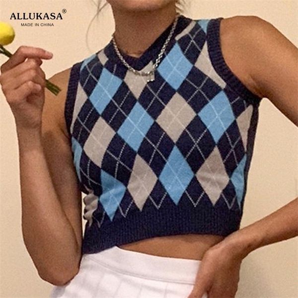 

tank v neck vintage argyle sweater vest women black sleeveless plaid knitted crop sweaters casual autumn preppy style, Black;white