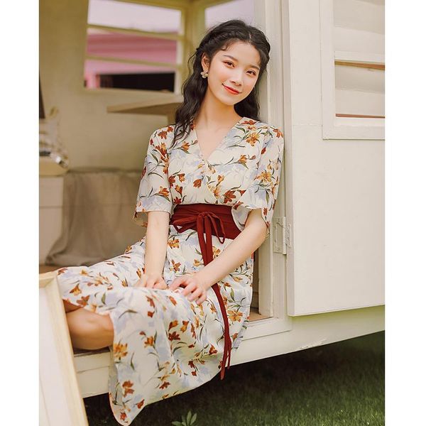

ethnic clothing kimono for ladies summer floral printing v-neck short sleeve lacing high waist sweet girls style long dresses fashion yukata, Red