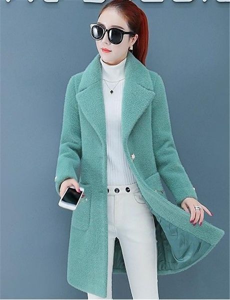 

women's wool & blends autumn winter woolen jackets fashion imitate imitation mink velvet coat elegant ladies office mid long outerwear, Black
