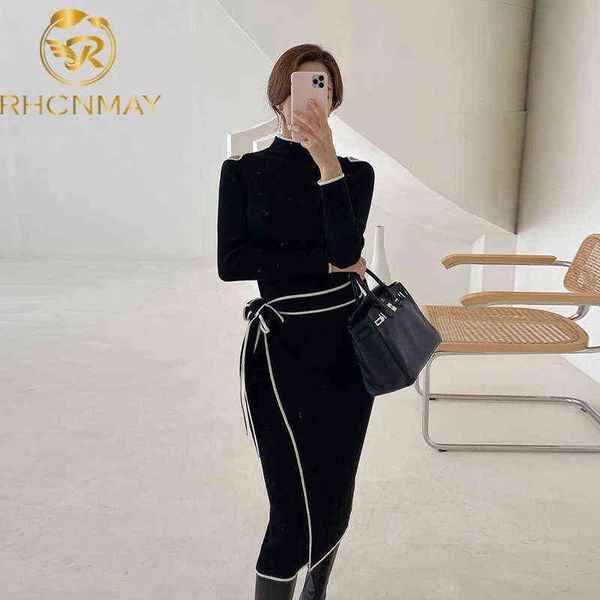 

one-piece patchwork office lady slim dress korean full sleeve knitted midi dress women spring autumn elegant sweater knit dress y1204, Black;gray