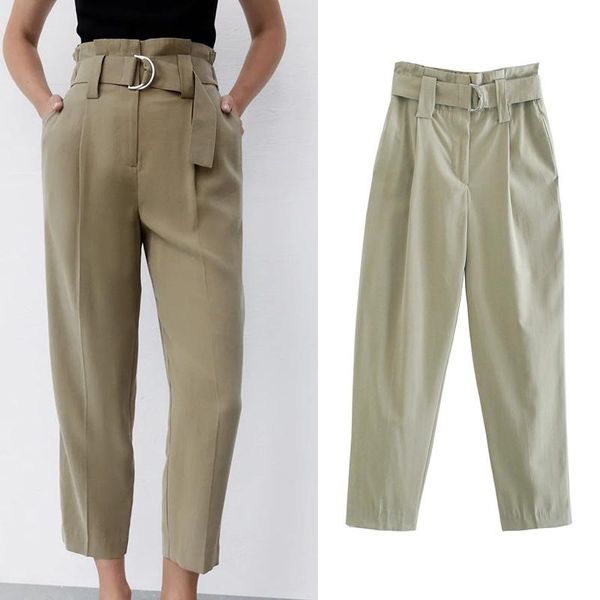 

women's pants & capris kumsvag women summer casual solid straight 2021 za elastic waist belt ankle-length female elegant street trouser, Black;white