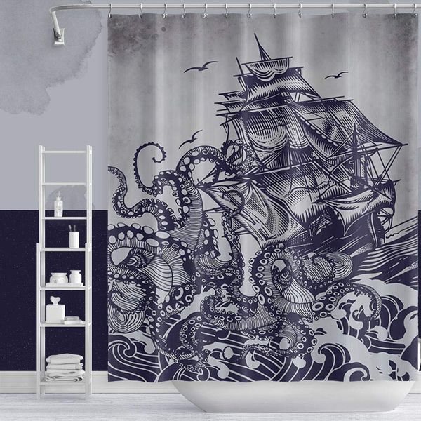 

69x70 inch nautical theme shower curtain ocean kraken ocs tentacles attack old sailboat with great sea waves vintage sailing