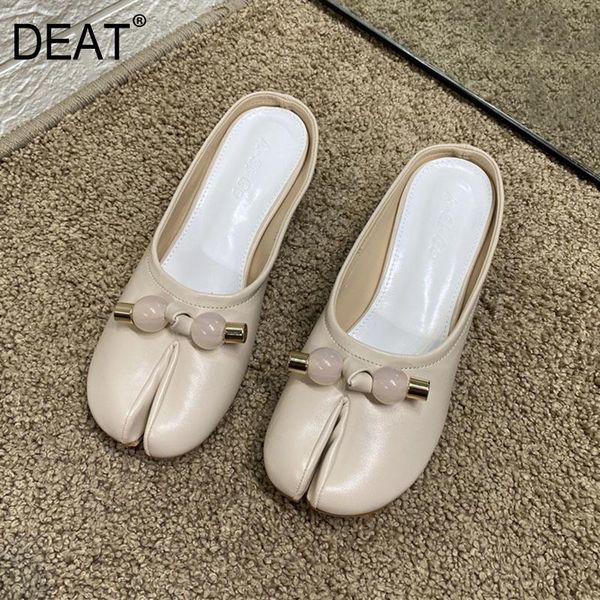 

slippers [deat] 2021 spring summer round toe shallow pu leather split toes string beads low heels women shoes tide 10i632, Black