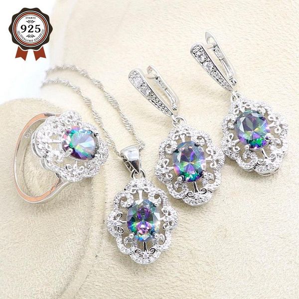 

wedding jewelry sets 925 sterling silver multicolor rainbow zircon set for women earrings necklace pendant ring gift box, Slivery;golden
