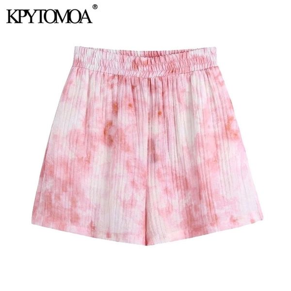 

kpytomoa women chic fashion side pockets tie-dye print shorts vintage high elastic waist female short pants mujer 210621, White;black