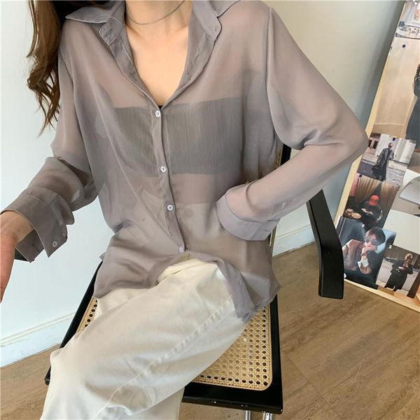

women's blouses & shirts all match korean thin perspective blouse women summer autumn long sleeve vintage ladies loose blusas mujer, White