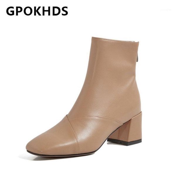 

boots gpokhds 2021 women ankle cow leather winter short plush square toe zipper high heels female size 401, Black