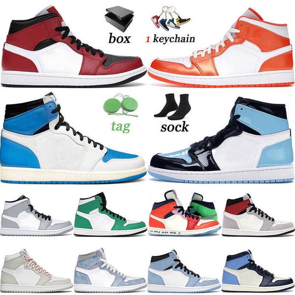 

2021 with box jumpman shoes 1 1s mens high unc patent obsidian mid chicago toe univeristy blue light smoke trainers sneakers