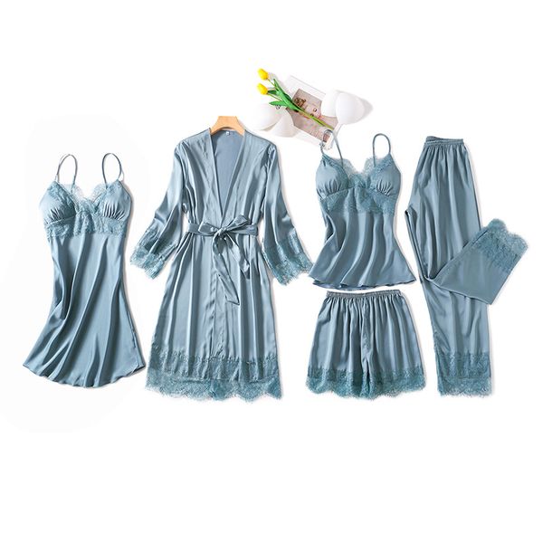 

2021 womens silk satin pajamas sets strap sleepwear 5 pieces sets female lace lounge pyjama with chest pads home wear, Black;red