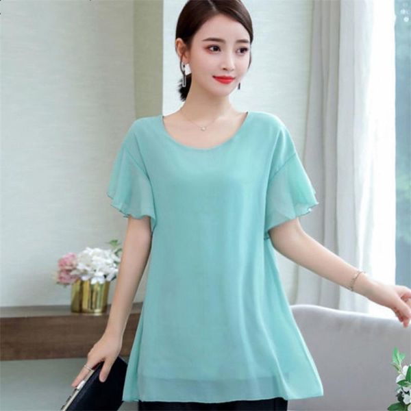 

women's blouses & shirts summer chiffon solid simple blouse women office work basic casual short sleeve clothing blusas mujer de moda, White