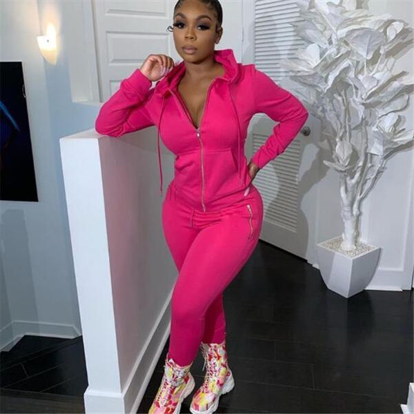 

two piece set solid color womens pants hooded long sleeve zipper pocket slim casual sports female tracksuit, White