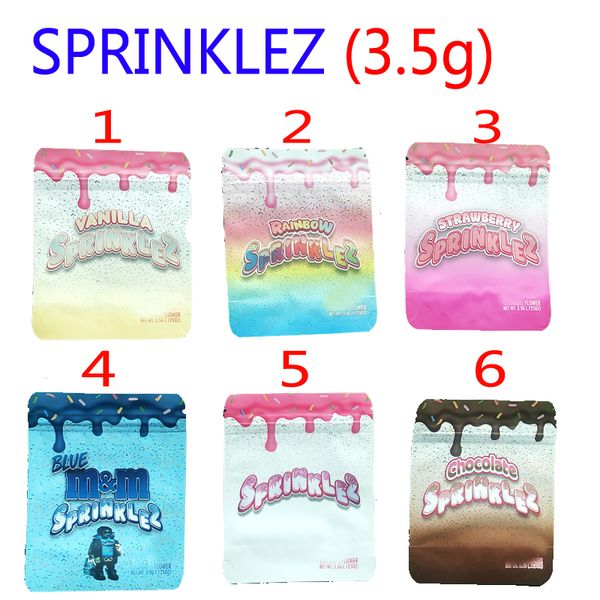 

empty 3.5g eighth package smell proof mylar bag sprinklez vanilla strawberry rainbow blue m&m chocolate packaging bags