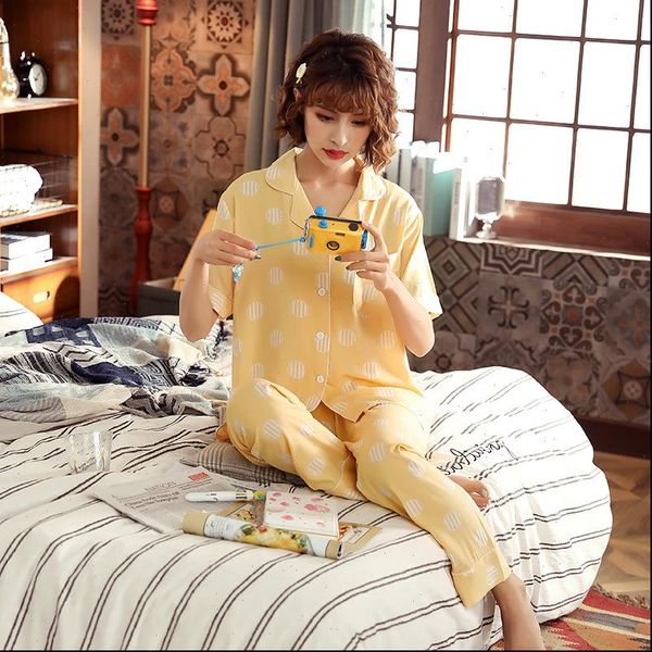 

youest soft cotton pjs women sleepwear short sleeves long pants pajamas, Black;red