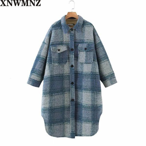 Mulheres moda lã misturada xadrez casaco vintage com bolsos verificar button-up manga comprida fêmea de lã outerwear chique overcoat 210520