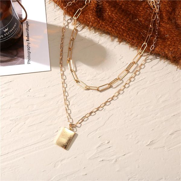 

pendant necklaces vintage multilayer geometric necklace for women 2021 gold color square coin chain choker jewelry, Silver