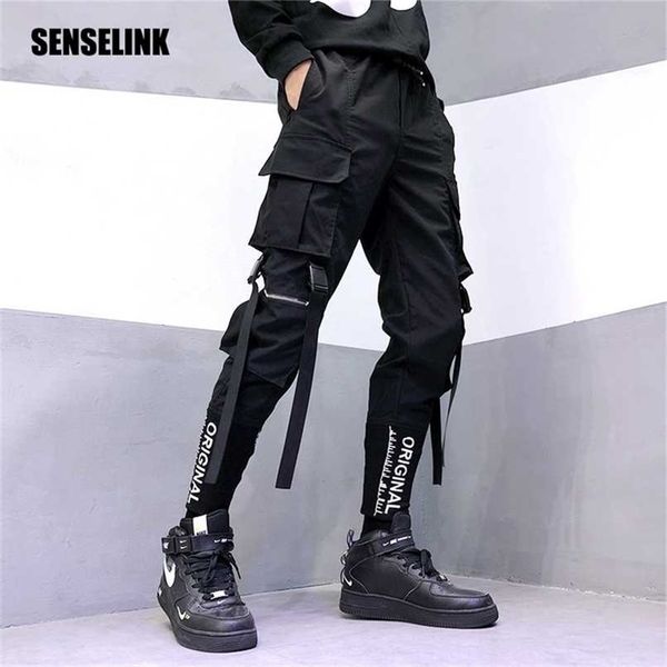 

men's cargo pants hip-hop multi-pocket jogger black streetwear ribbons fashion sweatpants men's harem casual pants 211123