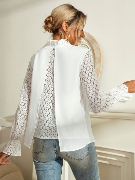 

contrast lace flounce sleeve frilled neck blouse e6sb#, White