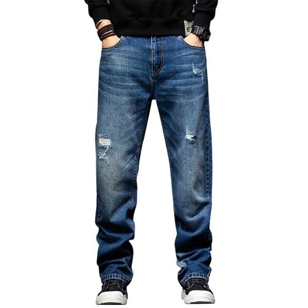 

new fashion ripped jeans men casual streetwear denim pants loose baggy straight trousers harm distressed jeans male clothing, Blue